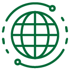 A stylized icon of a globe with a circle around it.