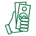 A stylized icon of hand holding dollar bills.