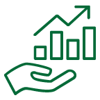 A stylized icon of a hand holding an upward trending bar graph.