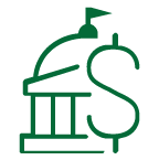 A stylized icon of a federal building with a dollar sign beside it.