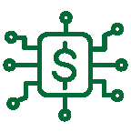 A stylized icon of a microchip with a dollar sign in the center.